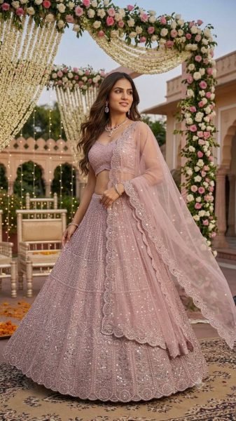 Futuristic Pink Faux Georgette Lehenga Choli with Front and Back Embroidered Blouse Designer Lehenga Choli