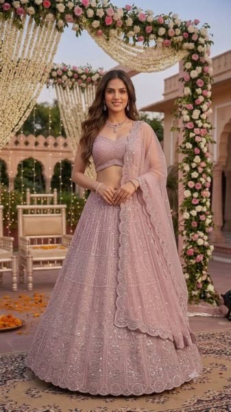 Futuristic Pink Faux Georgette Lehenga Choli with Front and Back Embroidered Blouse Designer Lehenga Choli