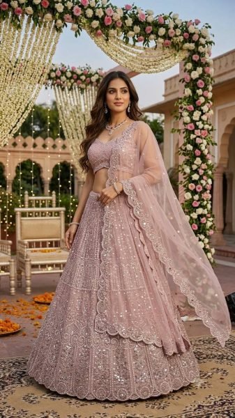 Futuristic Pink Faux Georgette Lehenga Choli with Front and Back Embroidered Blouse Designer Lehenga Choli