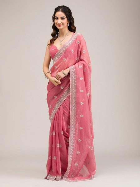 Futuristic Pink Heavy Crunchy Chiffon Party Wear Saree with Diamond Embroidery Work 