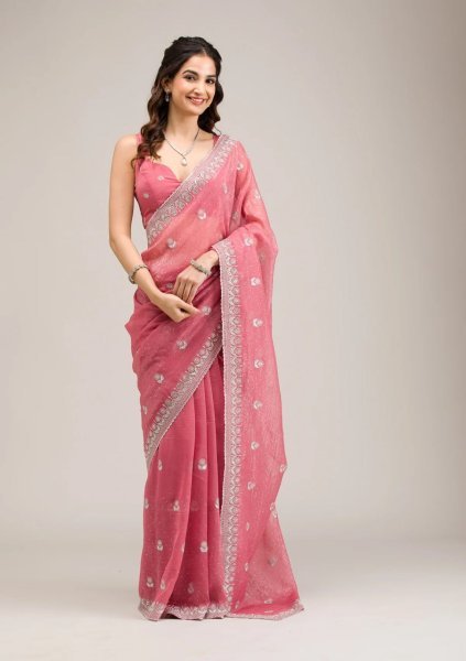 Futuristic Pink Heavy Crunchy Chiffon Party Wear Saree with Diamond Embroidery Work Pure Chiffon Sarees Wholesale