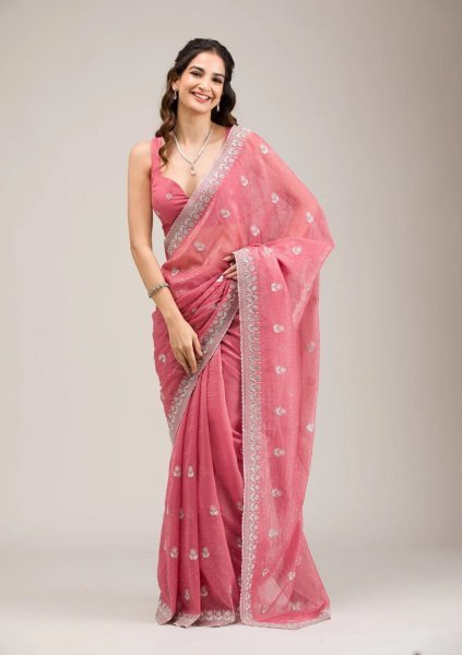 Futuristic Pink Heavy Crunchy Chiffon Party Wear Saree with Diamond Embroidery Work Pure Chiffon Sarees Wholesale