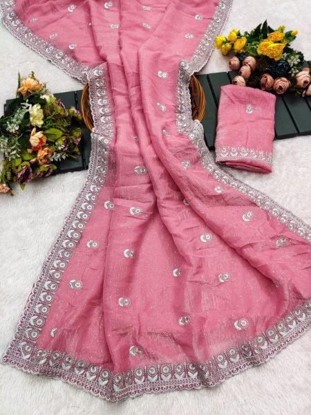 Futuristic Pink Heavy Crunchy Chiffon Party Wear Saree with Diamond Embroidery Work Pure Chiffon Sarees Wholesale