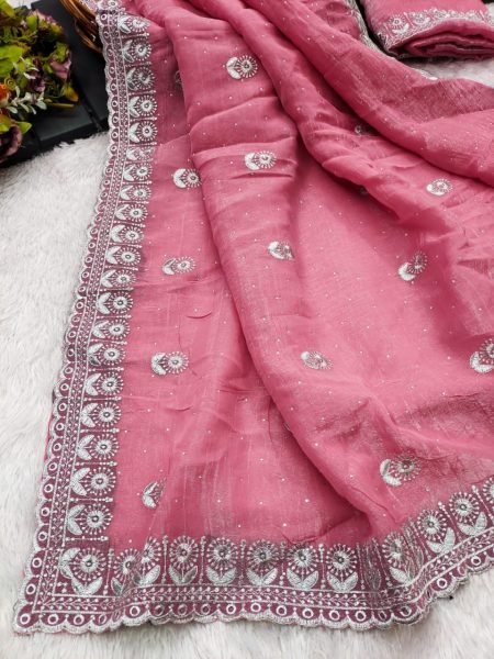 Futuristic Pink Heavy Crunchy Chiffon Party Wear Saree with Diamond Embroidery Work Pure Chiffon Sarees Wholesale