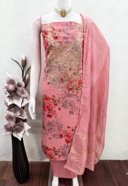 Futuristic Pink Premium Modal Jacquard Dress Material with Stylish Booti and Sequin Work Punjabi Dress Materials Wholesale