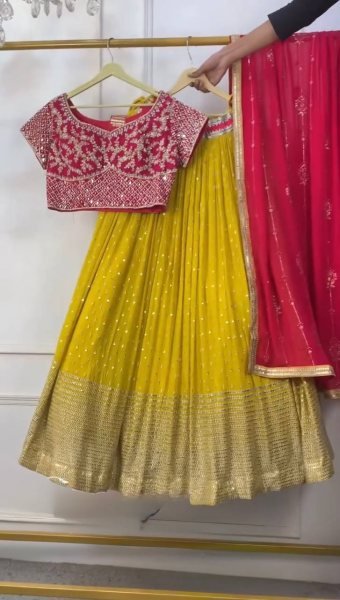 Futuristic Pink Yellow Faux Georgette Embroidered Lehenga with Four Side Lace Dupatta Designer Lehenga Choli