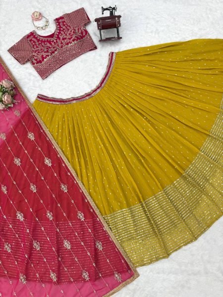 Futuristic Pink Yellow Faux Georgette Embroidered Lehenga with Four Side Lace Dupatta Designer Lehenga Choli