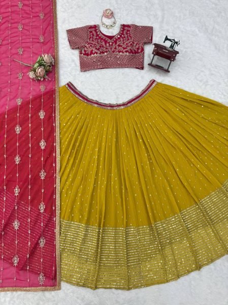 Futuristic Pink Yellow Faux Georgette Embroidered Lehenga with Four Side Lace Dupatta Designer Lehenga Choli