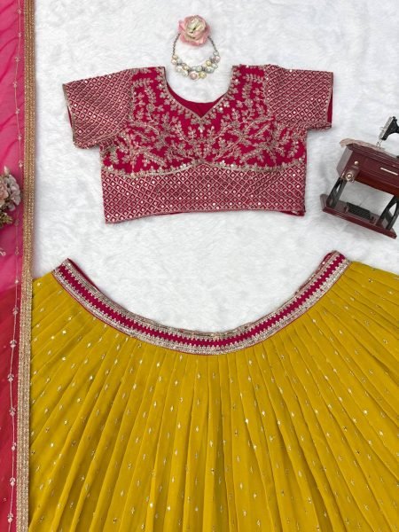 Futuristic Pink Yellow Faux Georgette Embroidered Lehenga with Four Side Lace Dupatta Designer Lehenga Choli