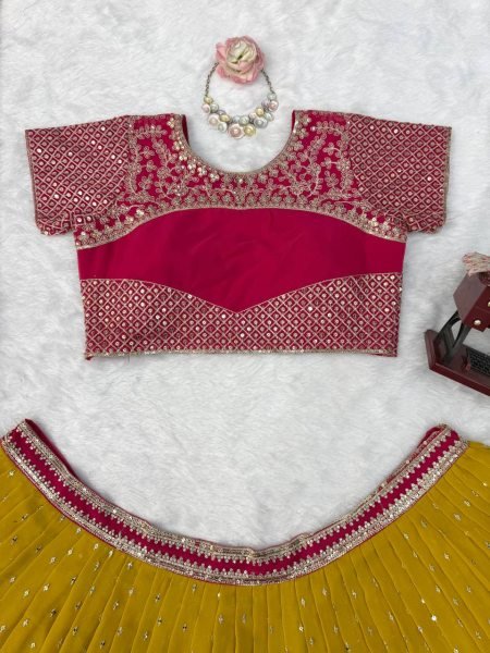 Futuristic Pink Yellow Faux Georgette Embroidered Lehenga with Four Side Lace Dupatta Designer Lehenga Choli