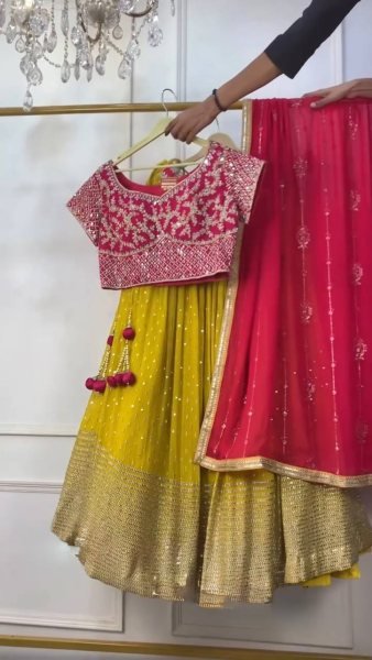 Futuristic Pink Yellow Faux Georgette Embroidered Lehenga with Four Side Lace Dupatta Designer Lehenga Choli