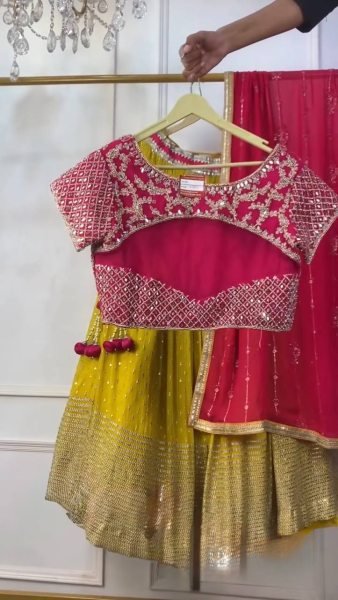 Futuristic Pink Yellow Faux Georgette Embroidered Lehenga with Four Side Lace Dupatta Designer Lehenga Choli