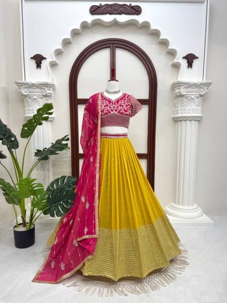 Futuristic Pink Yellow Faux Georgette Embroidered Lehenga with Four Side Lace Dupatta Designer Lehenga Choli