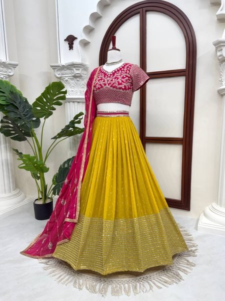 Futuristic Pink Yellow Faux Georgette Embroidered Lehenga with Four Side Lace Dupatta Designer Lehenga Choli