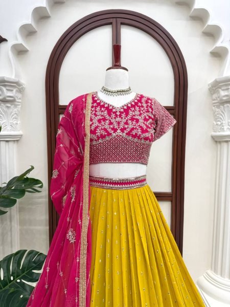 Futuristic Pink Yellow Faux Georgette Embroidered Lehenga with Four Side Lace Dupatta Designer Lehenga Choli