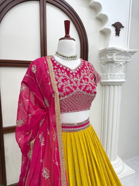 Futuristic Pink Yellow Faux Georgette Embroidered Lehenga with Four Side Lace Dupatta Designer Lehenga Choli