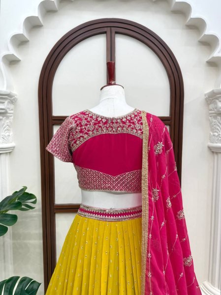 Futuristic Pink Yellow Faux Georgette Embroidered Lehenga with Four Side Lace Dupatta Designer Lehenga Choli