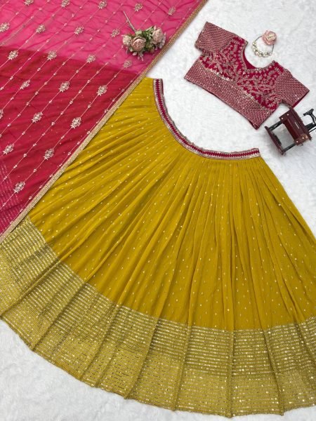 Futuristic Pink Yellow Faux Georgette Embroidered Lehenga with Four Side Lace Dupatta Designer Lehenga Choli