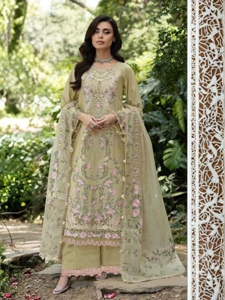 Futuristic Pista Pure Cambric Cotton Top with Embroidery and Solid Cotton Bottom 