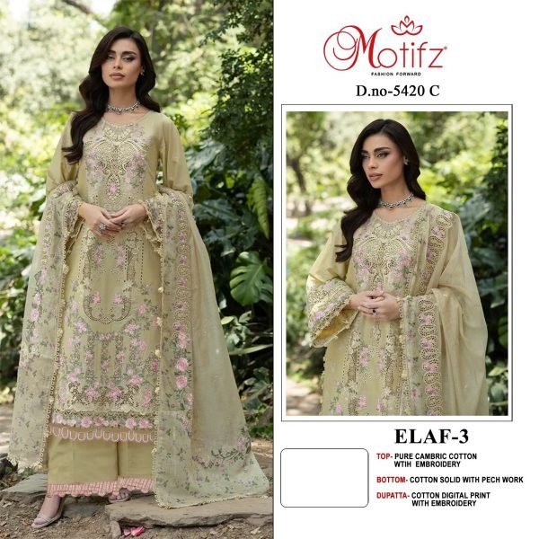 Futuristic Pista Pure Cambric Cotton Top with Embroidery and Solid Cotton Bottom Pakistani Suits Wholesale