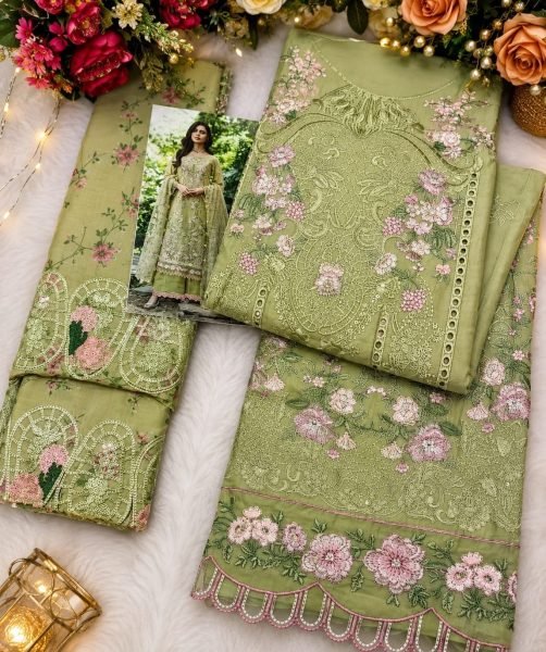 Futuristic Pista Pure Cambric Cotton Top with Embroidery and Solid Cotton Bottom Pakistani Suits Wholesale