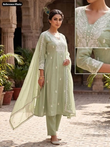 Futuristic Pista Pure Mul Chanderi Embroidered Suit Set with Embroidered Dupatta for Festive Wear Embroidery Kurtis 