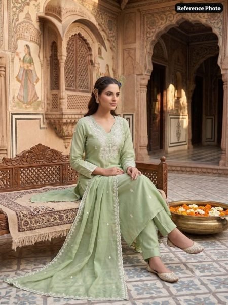 Futuristic Pista Pure Mul Chanderi Embroidered Suit Set with Embroidered Dupatta for Festive Wear Embroidery Kurtis 