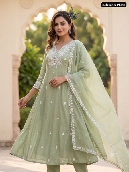Futuristic Pista Pure Mul Chanderi Embroidered Suit Set with Embroidered Dupatta for Festive Wear Embroidery Kurtis 