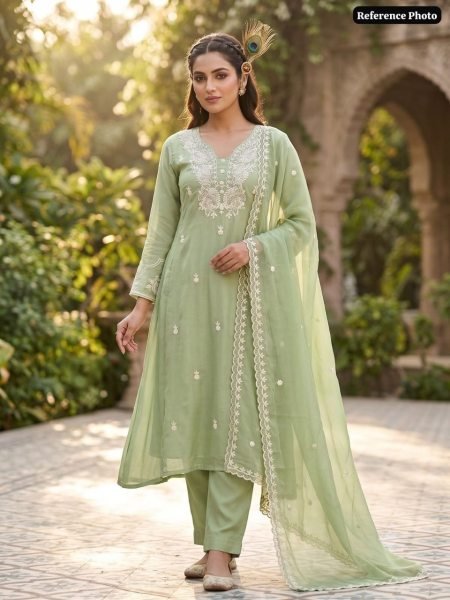 Futuristic Pista Pure Mul Chanderi Embroidered Suit Set with Embroidered Dupatta for Festive Wear Embroidery Kurtis 