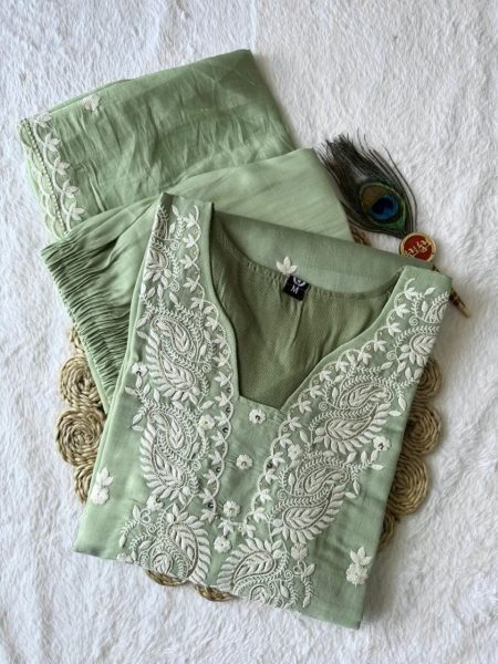 Futuristic Pista Pure Mul Chanderi Embroidered Suit Set with Embroidered Dupatta for Festive Wear Embroidery Kurtis 