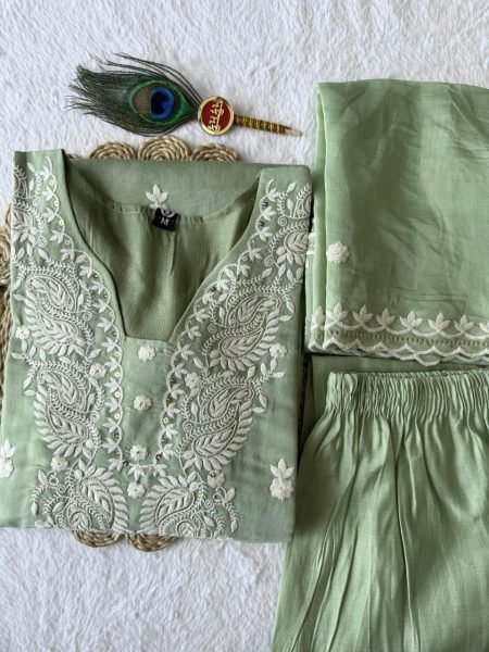 Futuristic Pista Pure Mul Chanderi Embroidered Suit Set with Embroidered Dupatta for Festive Wear Embroidery Kurtis 