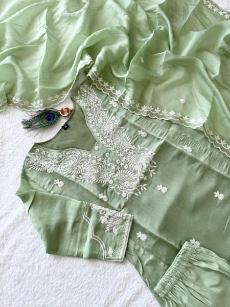 Futuristic Pista Pure Mul Chanderi Embroidered Suit Set with Embroidered Dupatta for Festive Wear Embroidery Kurtis 