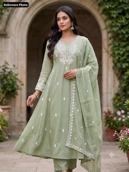Futuristic Pista Pure Mul Chanderi Embroidered Suit Set with Embroidered Dupatta for Festive Wear Embroidery Kurtis 