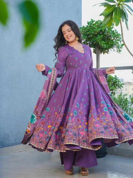 Futuristic Purple Muslin Kurti Pant Dupatta Set with Printed Design Kurtis