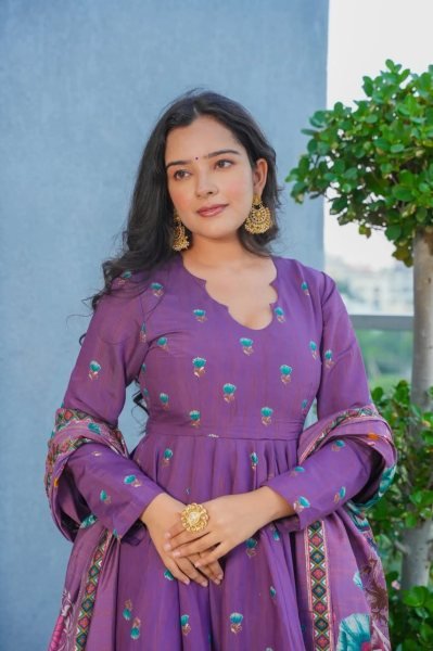 Futuristic Purple Muslin Kurti Pant Dupatta Set with Printed Design Anarkali Kurtis 