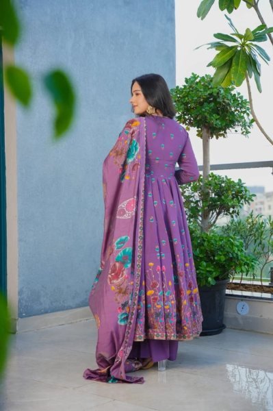 Futuristic Purple Muslin Kurti Pant Dupatta Set with Printed Design Anarkali Kurtis 