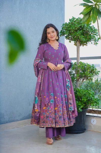 Futuristic Purple Muslin Kurti Pant Dupatta Set with Printed Design Anarkali Kurtis 