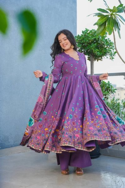 Futuristic Purple Muslin Kurti Pant Dupatta Set with Printed Design Anarkali Kurtis 