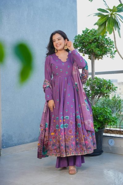 Futuristic Purple Muslin Kurti Pant Dupatta Set with Printed Design Anarkali Kurtis 