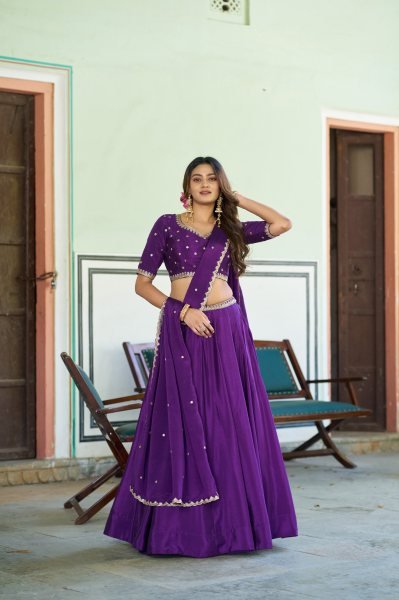 Futuristic Purple Traditional Wedding Lehenga Choli with Sequins and Thread Embroidery Designer Lehenga Choli