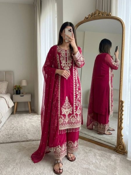 Futuristic Rani Pink Georgette Long Kurti With Embroidery Work For Wholesale Rate 