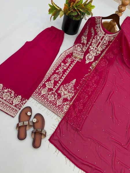 Futuristic Rani Pink Georgette Long Kurti With Embroidery Work For Wholesale Rate Ready To Wear Collection
