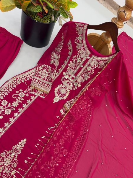 Futuristic Rani Pink Georgette Long Kurti With Embroidery Work For Wholesale Rate Ready To Wear Collection