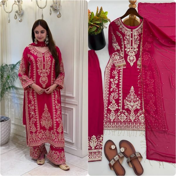 Futuristic Rani Pink Georgette Long Kurti With Embroidery Work For Wholesale Rate Ready To Wear Collection