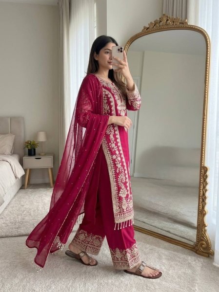 Futuristic Rani Pink Georgette Long Kurti With Embroidery Work For Wholesale Rate Ready To Wear Collection