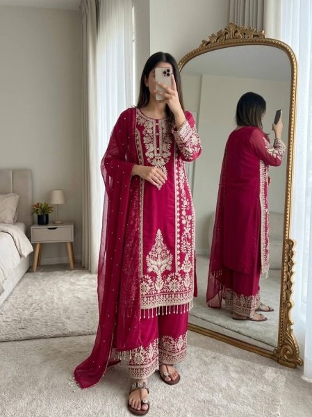 Futuristic Rani Pink Georgette Long Kurti With Embroidery Work For Wholesale Rate Ready To Wear Collection