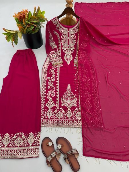 Futuristic Rani Pink Georgette Long Kurti With Embroidery Work For Wholesale Rate Ready To Wear Collection