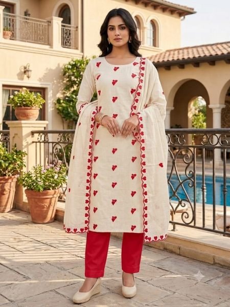 Futuristic Red Cora Cambric Cotton Top Bottom Dupatta Set with Multi Work Dress Material 