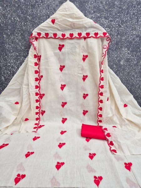 Futuristic Red Cora Cambric Cotton Top Bottom Dupatta Set with Multi Work Color Set Matching Dress Material Wholesale