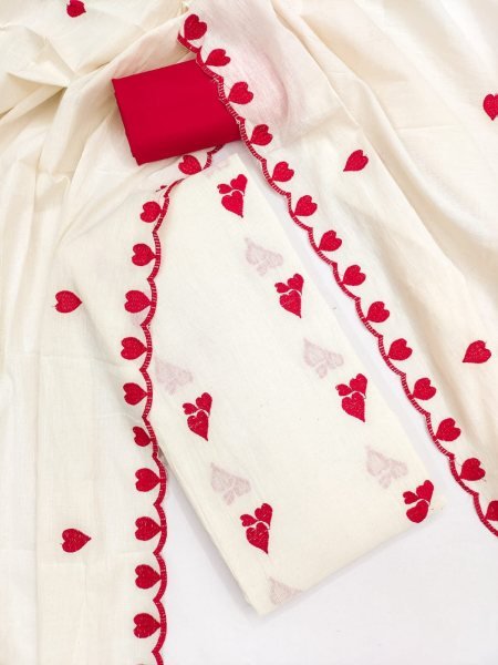 Futuristic Red Cora Cambric Cotton Top Bottom Dupatta Set with Multi Work Color Set Matching Dress Material Wholesale